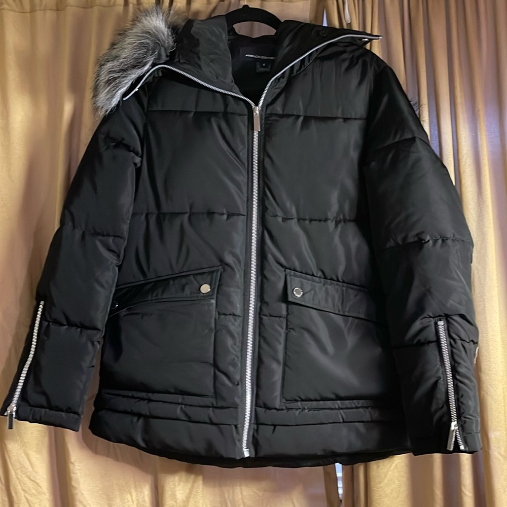 French Connection S Girls Coat Quilted Warm Fur Hood Zip Up 4 Pockets Zip Decor